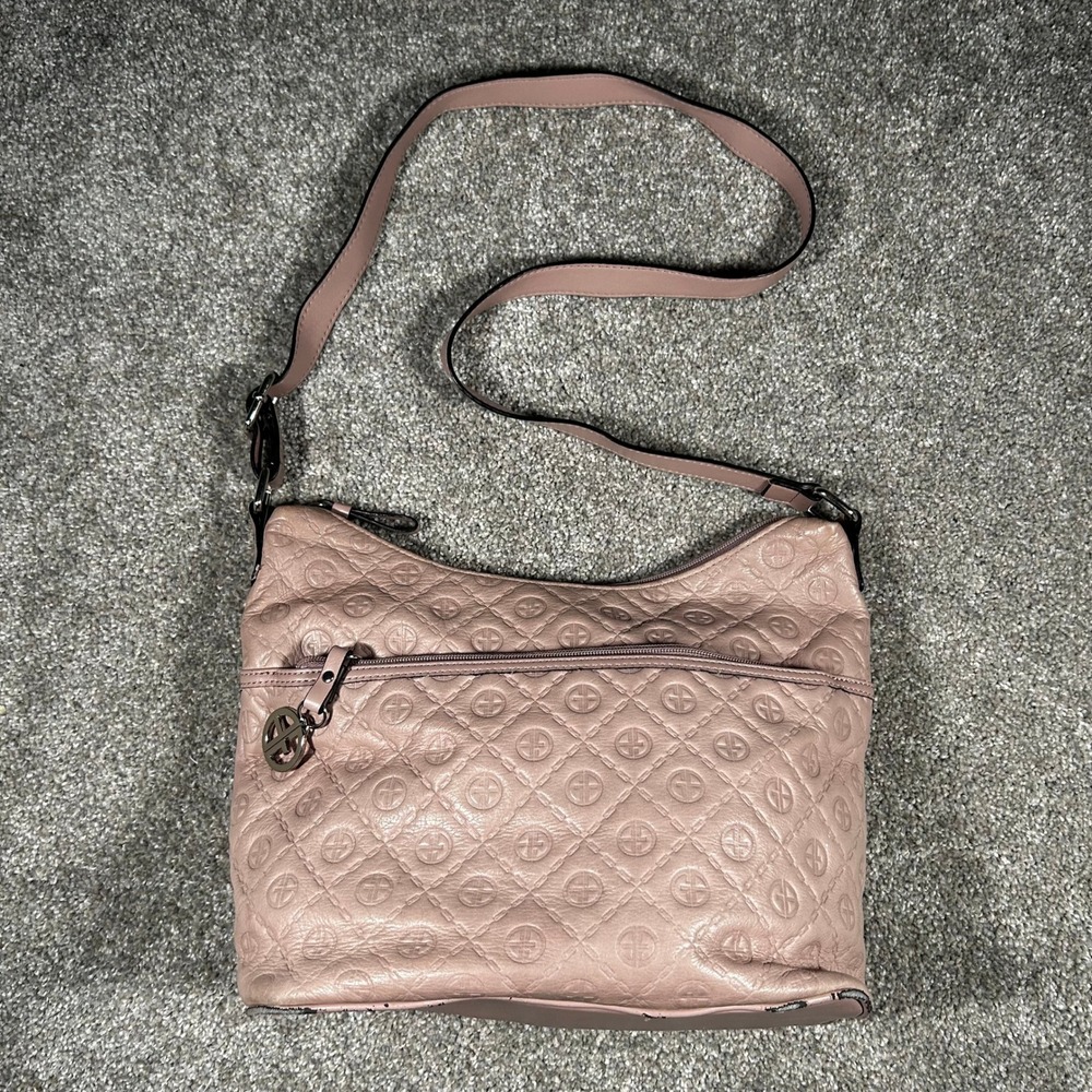 Giani Bernini Pink Logo Embossed Crossbody Bag Faux Leather Quilted Handbag